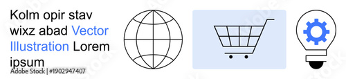 Business, technology, innovation, globalization, e-commerce, automation. A globe, shopping cart and light bulb with gear symbol. Globalization and e-commerce conceptual elements