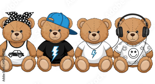 Four adorable teddy bears dressed in trendy outfits, each with a unique style and accessories.