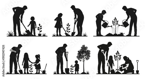 Silhouettes of adults and children planting and watering trees, showing the growth process and family involvement in environmental care.