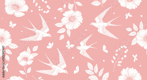 A delicate seamless pattern featuring white swallows, blooming flowers, and butterflies on a soft pink background, evoking a spring or vintage feel.