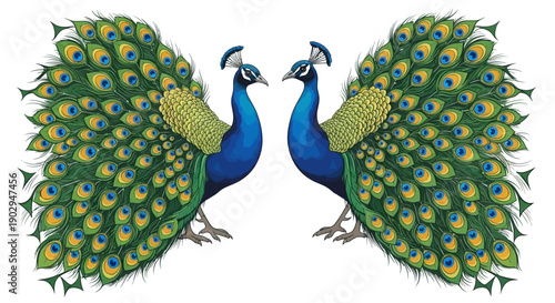 Two majestic peacocks with vibrant blue and green plumage displaying their fanned tails, facing each other symmetrically.