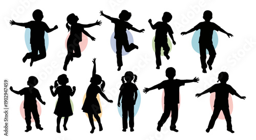 Silhouettes of children in various active and playful poses with colorful backgrounds.