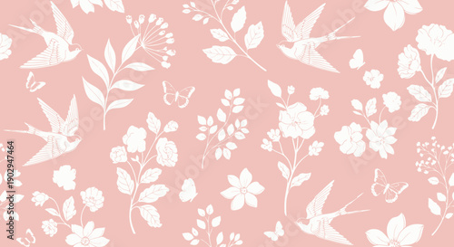 Seamless pattern featuring white silhouettes of swallows, butterflies, and various flowers on a soft pastel pink background.