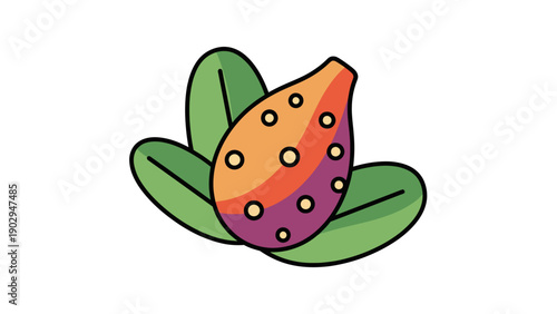 Stylized cartoon drawing of a colorful exotic fruit with vibrant green leaves on a white background