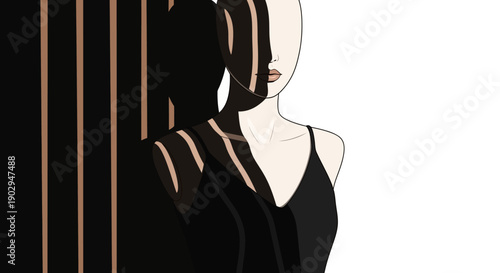 A minimalist illustration of a woman's face and torso partially obscured by strong vertical shadows, creating a high-contrast, abstract effect.