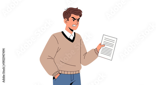 Angry young man in a beige sweater holding a document, expressing frustration or disagreement.