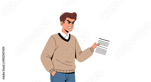 An angry and frustrated man holding a document, expressing his displeasure with the content.
