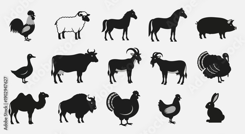 A collection of black silhouettes of various farm animals on a white background.