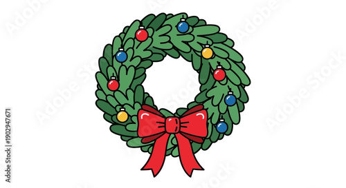 A festive green Christmas wreath adorned with colorful ornaments and a bright red bow, cartoon style.