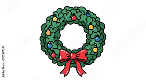 A festive green Christmas wreath adorned with colorful baubles and a red bow, cartoon illustration.