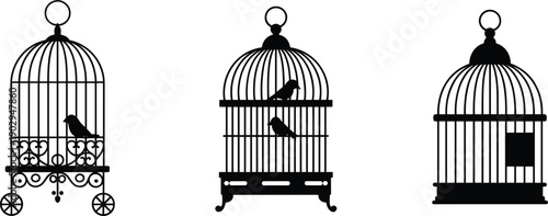 Three black silhouettes of bird cages with birds inside on a white background vector illustration