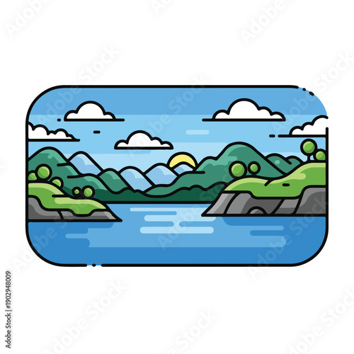 A serene landscape with a river and mountains