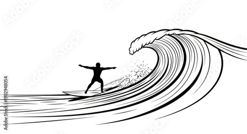 Surfer riding a large ocean wave illustration.