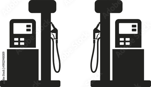 Two Black Gas Pumps with Hoses and Displays on White Background fuel dispenser petrol station
