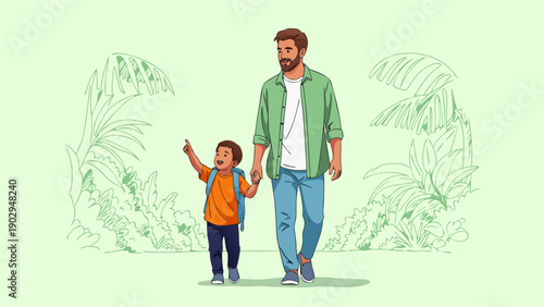Father and son walking together in a tropical environment, a heartwarming vector illustration of love and togetherness, 240.eps style