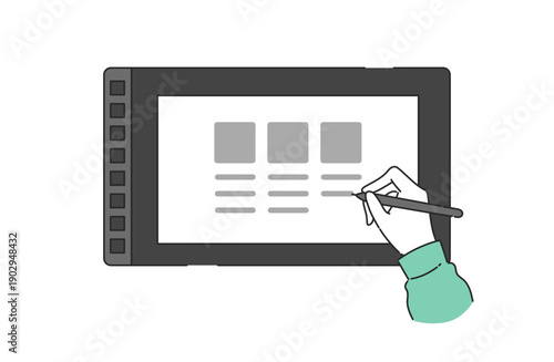 液晶タブレットにワイヤーフレームを描画している様子のフラットイラスト