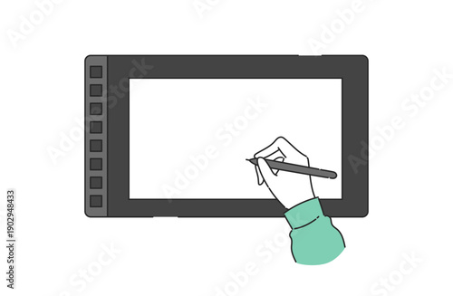 液晶タブレットに描画している様子のフラットイラスト 画面透過
