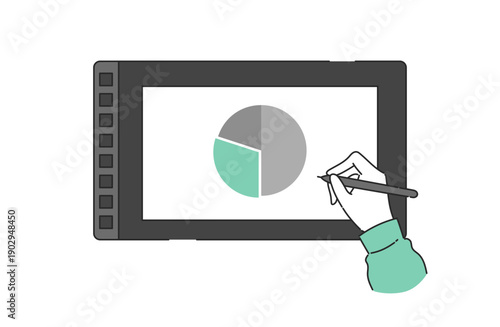 液晶タブレットに円グラフを描画している様子のフラットイラスト