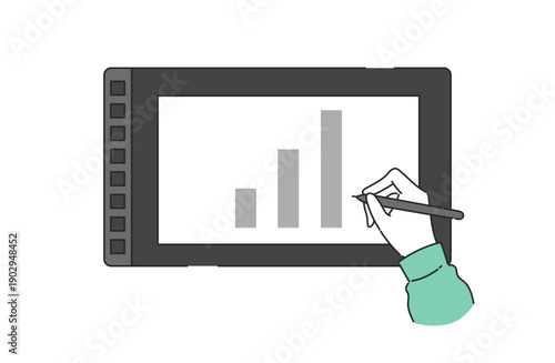 液晶タブレットに棒グラフを描画している様子のフラットイラスト