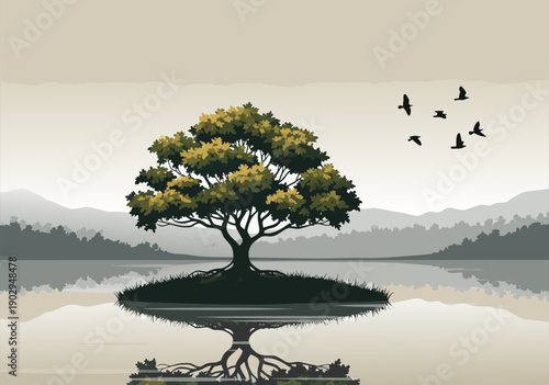 A serene landscape featuring a tree with exposed roots on a small island surrounded by water, depicted in a detailed vector illustration, 242.eps