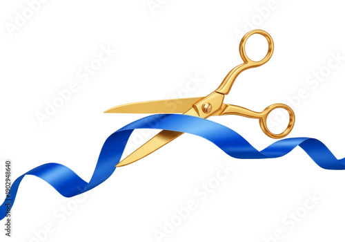 Gold Scissors Cutting Blue Ribbon Isolated Transparent Background Ceremonial Opening Business Celebration Grand Event Inauguration
