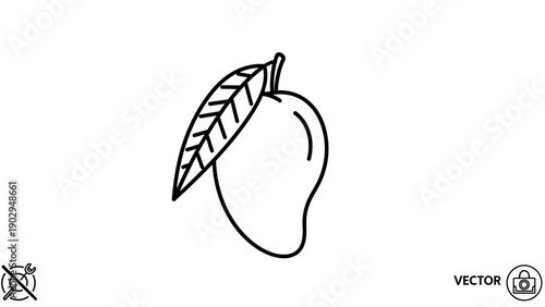 Simple minimalist line art illustration of a ripe tropical mango fruit with a vibrant green leaf