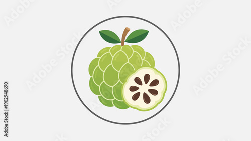 Vibrant flat design illustration of a fresh green custard apple with a cut section