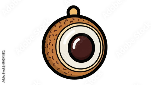 Vibrant cartoon illustration of a sweet tropical rambutan fruit sliced open revealing its dark seed