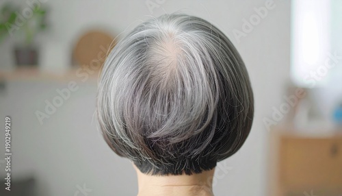 薄くなった頭皮と白髪が目立つシニア女性の後ろ姿　薄毛の悩み　高齢者