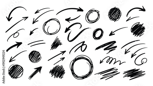 Hand Drawn Arrows, Circles, Scribbles, and Sketch Marks – Vector Doodle Elements for Highlight, Annotation, and Infographic Design