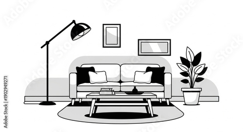Modern Living Room Sofa With Coffee Table And Lamp.