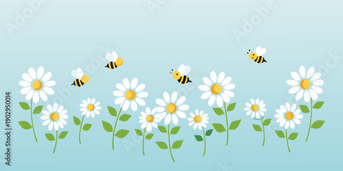 Charming illustration of daisies and bees against a soft blue background
