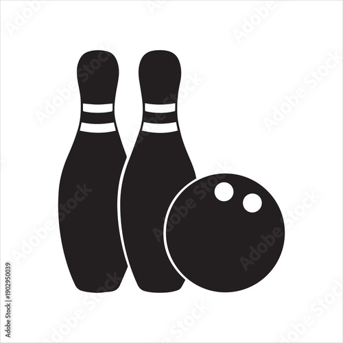 Black silhouette of a bowling ball and two bowling pins with white stripes on a white background