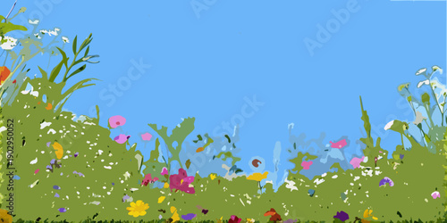A vibrant meadow of wildflowers against a clear blue sky