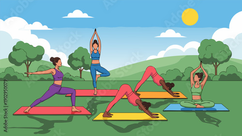 Vector illustration of people practicing yoga in a serene outdoor landscape view 250.eps