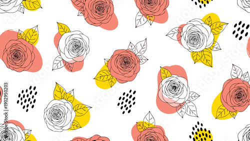 Vector illustration of floral pattern with roses, leaves, and decorative elements in a seamless design, 249.eps