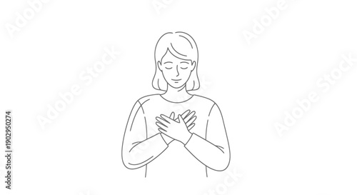 Woman Holding Hands Over Heart Expressing Gratitude Love Kindness Compassion Inner Peace Self Care Concept Clean Line Art Drawing Isolated On White