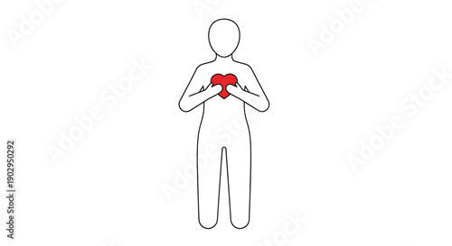 Minimalist Human Figure Centered Holding Red Heart Symbol Over Chest Simple Outline Person Representing Love Care Health And Emotion Concept Clean