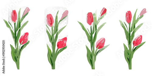 Four arrangements of red tulips with green stems displayed against black