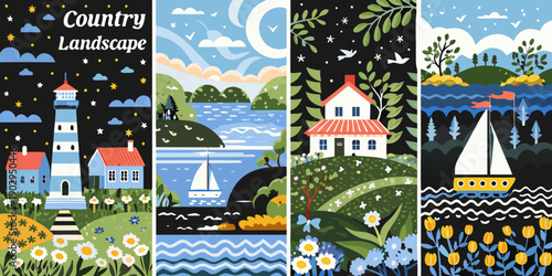 Four colorful landscape panels depicting country scenes with nautical elements