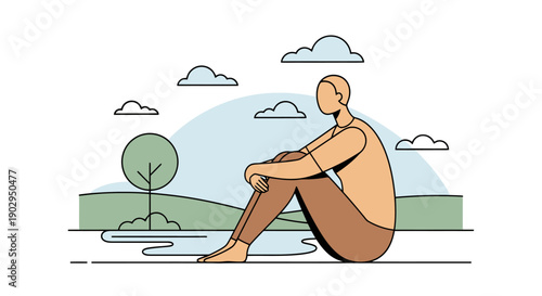 Solitary individual contemplates tranquil outdoor scenery with calm atmosphere a peaceful scene for reflection and thought a moment of quietude in