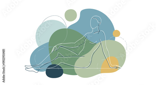 Abstract line art of a figure reclining against organic shapes and circles in muted earthy tones for wellness and health concepts