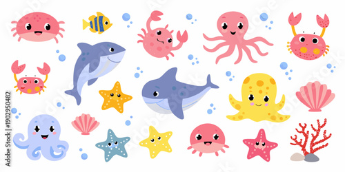 Cute cartoon sea creatures and marine life illustrations on a white background