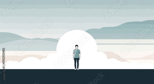 Young Boy Standing Alone Facing Large Bright Orb Surrounded by Foggy Landscape and Distant Mountains Under Pale Sky