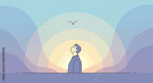 Man gazing upwards towards sunlit sky horizon surrounded by rainbow gradients and a single soaring bird signifying hope and aspiration