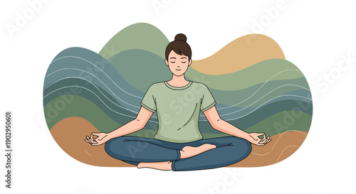 Woman practicing mindful meditation in lotus pose surrounded by abstract wavy landscape for mental wellness and relaxation