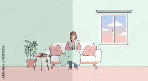 Cozy woman with blanket and drink inside warm room near window with sunset sky and plant on table and sofa