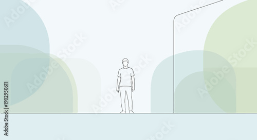 Minimalist scene depicts a solitary standing figure centered within a bright airy environment with abstract pastel shapes suggesting nature or space