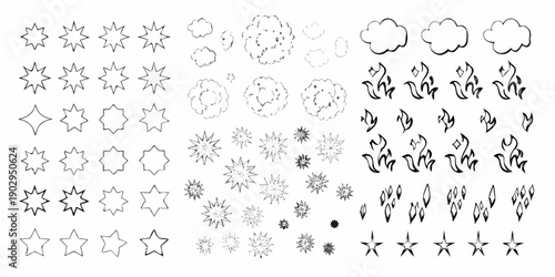 Collection of hand drawn weather icons and decorative star shapes