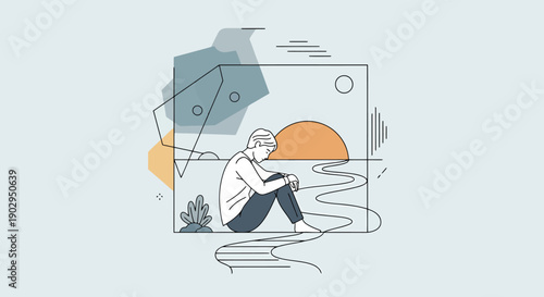 Young person sitting alone outdoors with abstract shapes and sunrise minimalist illustration peaceful scene with calm landscape and organic elements